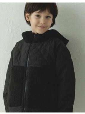 Kids Black Quilted Hooded Puffer Jacket with Sherpa Pockets